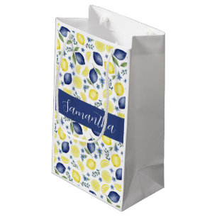 Blue French Country Lemon Pattern Monogram Name Small Gift Bag