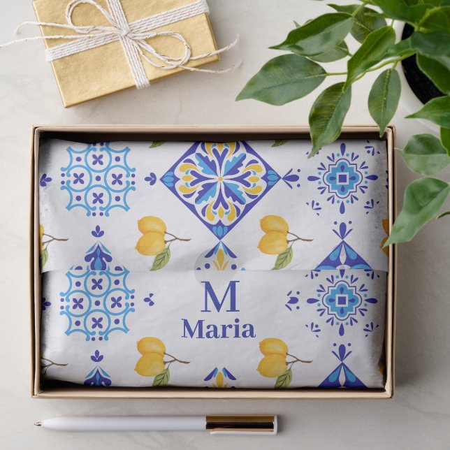 Blue French Country Lemon Pattern Monogram Name Tissue Paper (Gift)