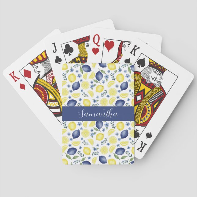 Blue French Country Lemon Pattern Name Playing Cards (Back)