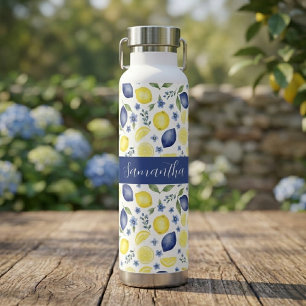 Blue French Country Lemon Pattern Name Water Bottle