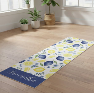 Blue French Country Lemon Pattern Name Yoga Mat