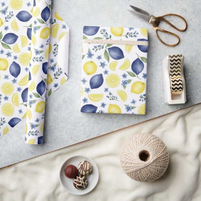 Blue French Country Lemon Pattern Wrapping Paper (Crafts)