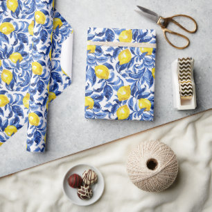 Blue French Country Lemon Pattern  Wrapping Paper