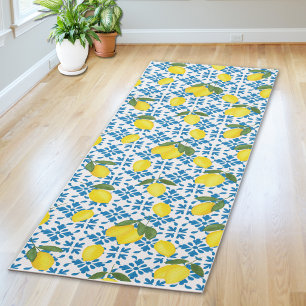 Blue French Country Tile Lemons Pattern Yoga Mat