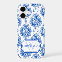 Blue French Damask Toile Pattern Name Monogram