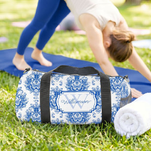 Blue French Damask Toile Pattern Name Monogram Duffle Bag