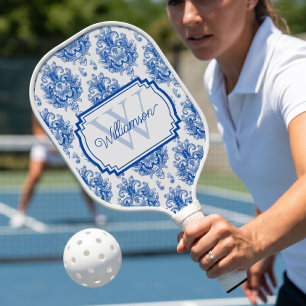 Blue French Damask Toile Pattern Name Monogram Pickleball Paddle