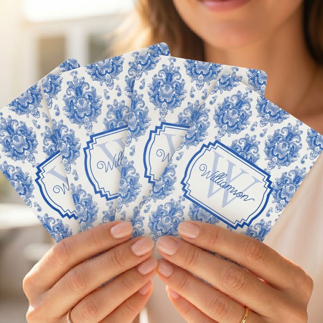 Blue French Damask Toile Pattern Name Monogram Playing Cards (Creator Uploaded)