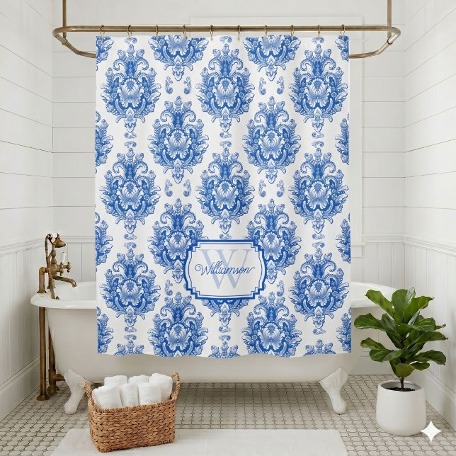 Blue French Damask Toile Pattern Name Monogram Shower Curtain (Creator Uploaded)