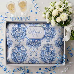 Blue French Damask Toile Pattern Name Monogram Tissue Paper