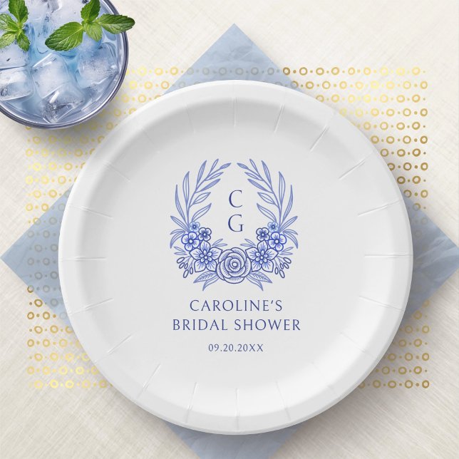 Blue French Floral Monogram Wreath Bridal Shower Paper Plate (Creator Uploaded)