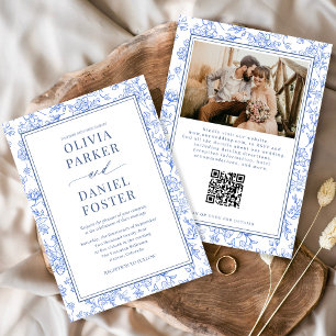 Blue French Floral Photo QR Code Toile Invitation