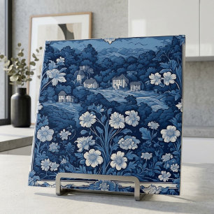 Blue French Floral Toile De Jouy Botanical Scenery Ceramic Tile