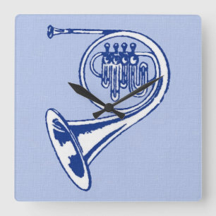 Blue French Horn Art Square Wall Clock