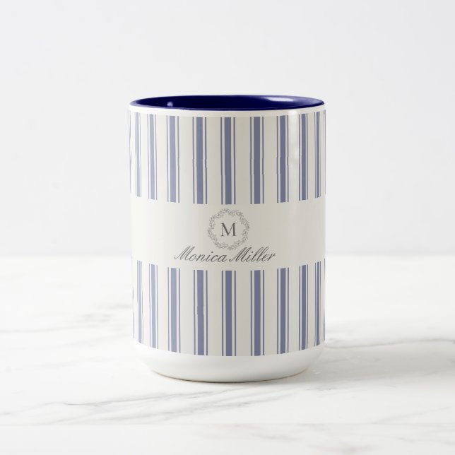 Blue French style striped  Two-Tone Coffee Mug (Center)