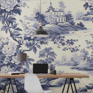 Blue French Style Toile De Jouy Wallpaper