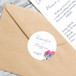 Blue French Tiles Bougainvillea elegant wedding  Classic Round Sticker<br><div class="desc">Blue French Tiles and Bougainvillea in a blue ceramic vase handwriting font elegant Mediterranean French Mediterranean themed wedding stickers bride and groom names stickers</div>