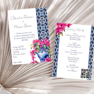 Blue French Tiles Bougainvillea elegant wedding  Invitation