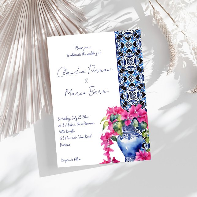 Blue French Tiles Bougainvillea elegant wedding  Invitation (Blue French Azulejo Talavera Tiles Bougainvillea in ceramic vase elegant wedding Invitation template)