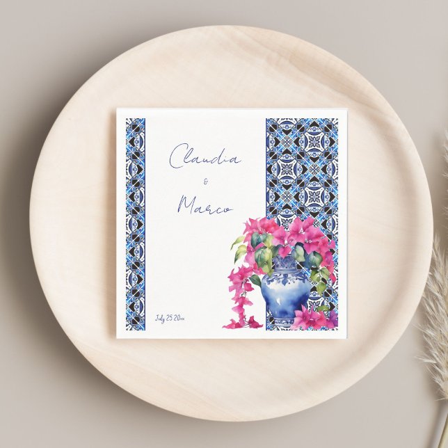 Blue French Tiles Bougainvillea elegant wedding Napkin (Blue French Tiles Bougainvillea elegant wedding printed Napkins template personalized tableware deco)