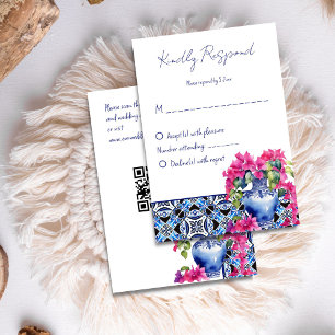 Blue French Tiles Bougainvillea elegant wedding RSVP Card