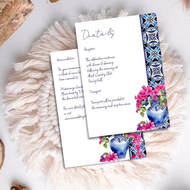 Blue French Tiles Bougainvillea wedding details Enclosure Card (Blue French Tiles Bougainvillea Mediterranean wedding details Enclosure Card vintage ornaments vase)