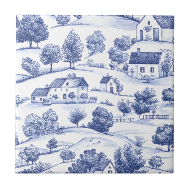 Blue French Toile Countryside Pattern Ceramic Tile (Front)