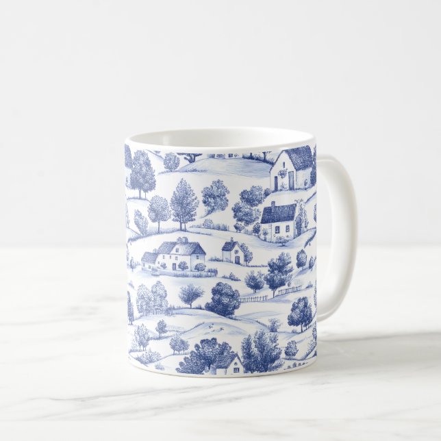Blue French Toile Countryside Pattern Coffee Mug (Front Right)
