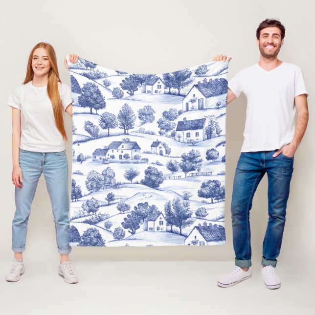 Blue French Toile Countryside Pattern Fleece Blanket (In Situ)