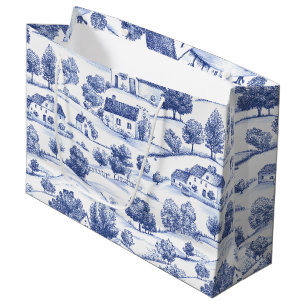 Blue French Toile Countryside Pattern Large Gift Bag