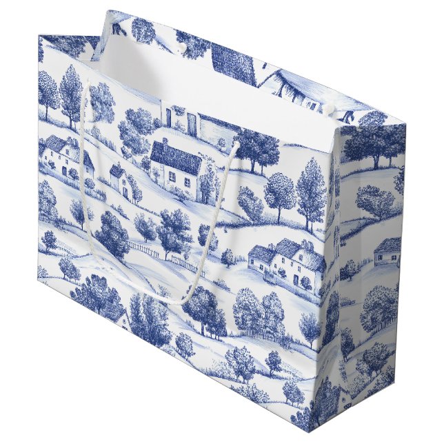 Blue French Toile Countryside Pattern Large Gift Bag (Front Angled)
