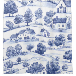 Blue French Toile Countryside Pattern Shower Curtain