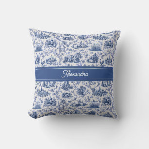 Blue French Toile Countryside Rose Branch Name Cushion