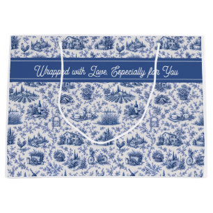 Blue French Toile Countryside Rose Branch Name Large Gift Bag
