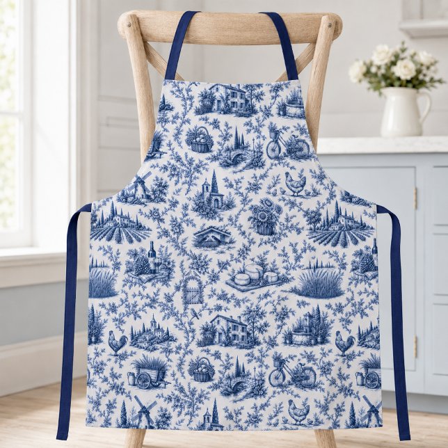 Blue French Toile Countryside Rose Branch Pattern  Apron (Creator Uploaded)