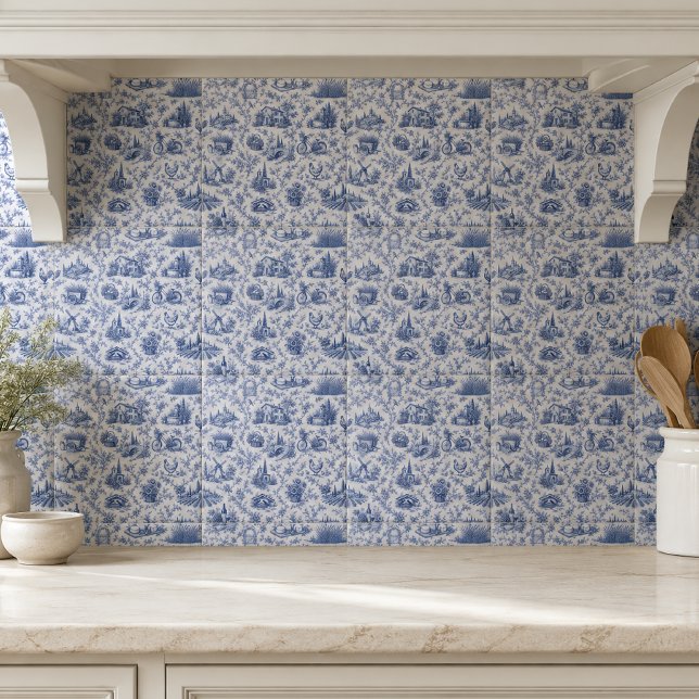 Blue French Toile Countryside Rose Branch Pattern Ceramic Tile (Creator Uploaded)
