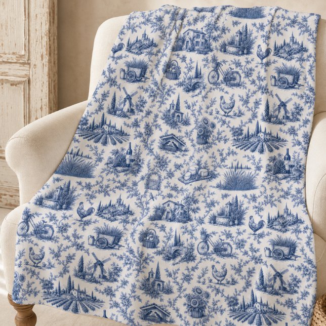 Blue French Toile Countryside Rose Branch Pattern  Fleece Blanket (Creator Uploaded)