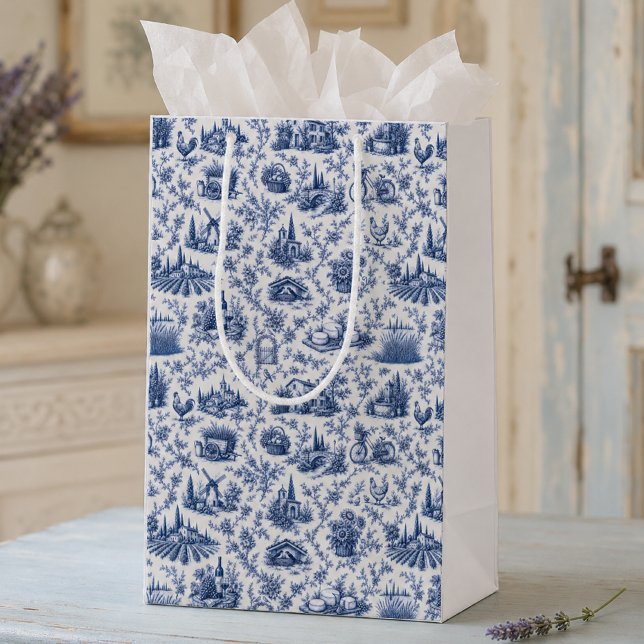 Blue French Toile Countryside Rose Branch Pattern  Medium Gift Bag (Creator Uploaded)