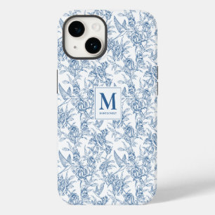 Blue French Toile de Jouy Floral Pattern  Monogram iPhone 14 Case