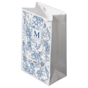 Blue French Toile de Jouy Floral Pattern Monogram Small Gift Bag