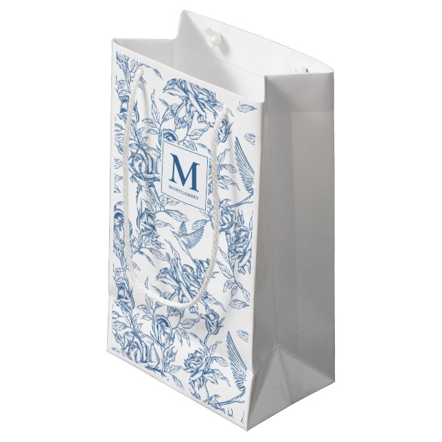 Blue French Toile de Jouy Floral Pattern  Monogram Small Gift Bag (Front Angled)