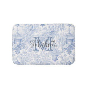 Blue French Toile de Jouy Monogram Initial Name Bath Mat