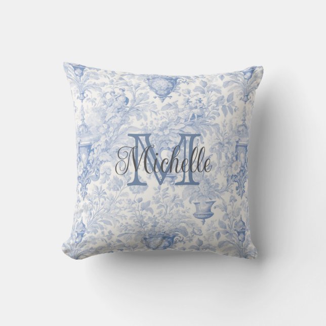 Blue French Toile de Jouy Monogram Initial Name Cushion (Front)