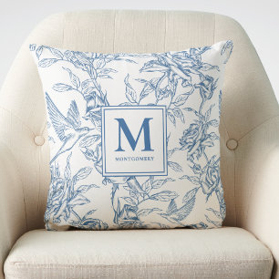 Blue French Toile de Jouy Monogram Name Cushion