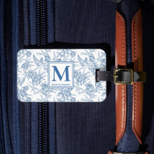Blue French Toile de Jouy Monogram Name Luggage Tag