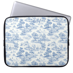 Blue french Toile de Jouy Stylish Vintage Monogra Laptop Sleeve