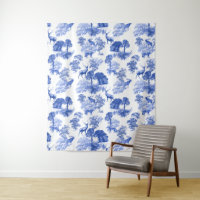 Blue French Toile Deer Fox Forest Pattern