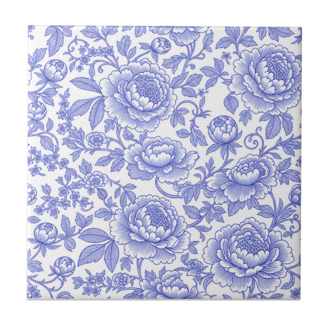 Blue French Toile Floral Pattern Ceramic Tile (Front)