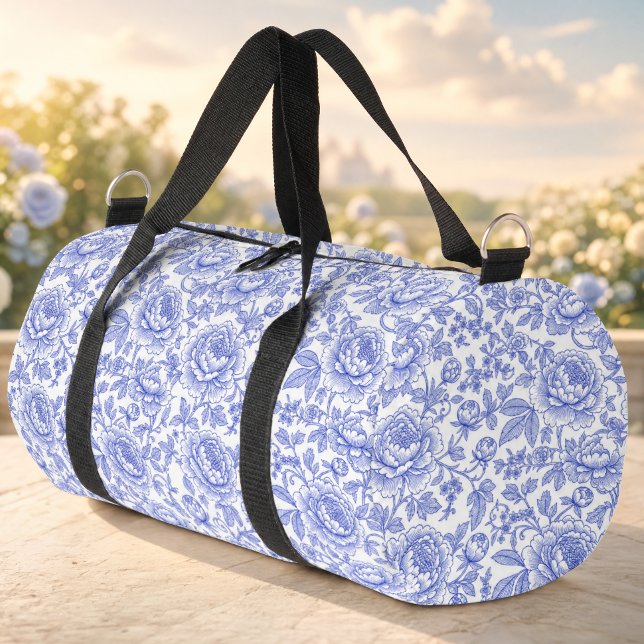 Blue French Toile Floral Pattern Duffle Bag (Creator Uploaded)