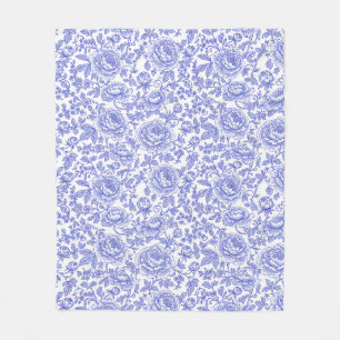 Blue French Toile Floral Pattern Fleece Blanket